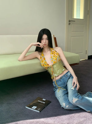 Floral Tie Front Halter Crop Top