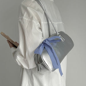 Silver Shoulder Bag with Gingham Bow