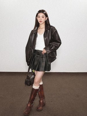Grunge Faux Leather Pleated Mini Skirt