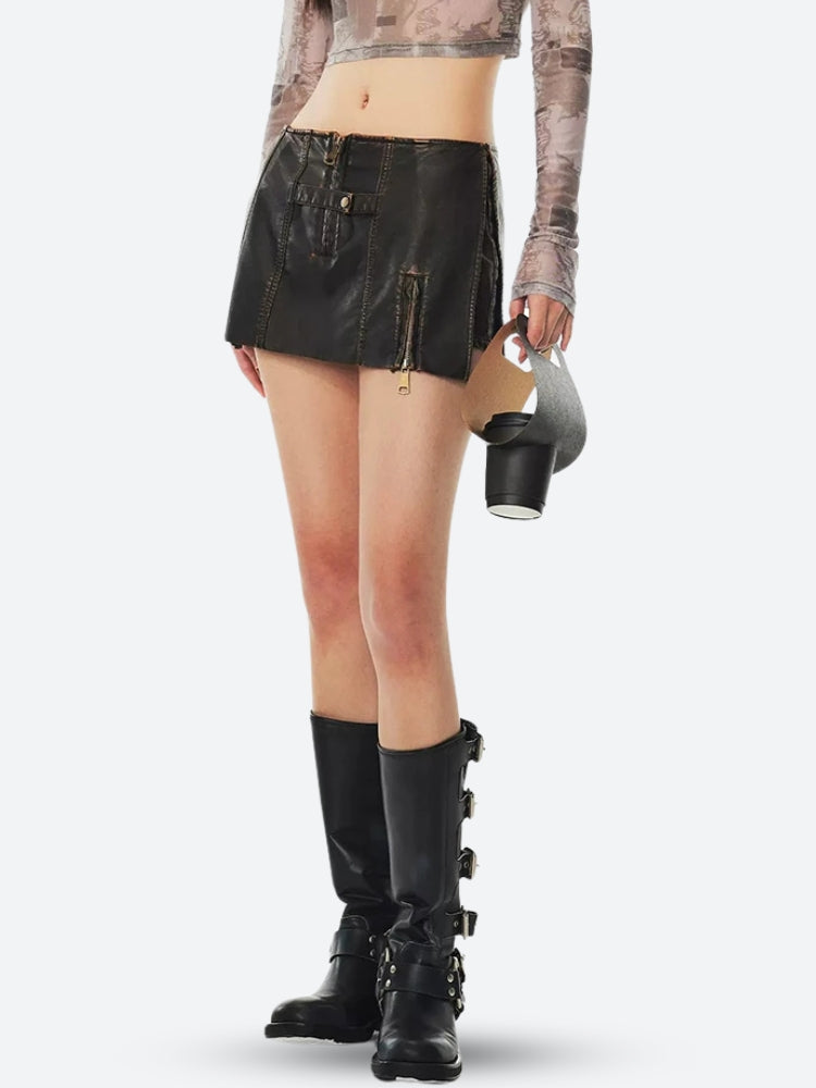 Grunge Faux Leather Slit Mini Skort