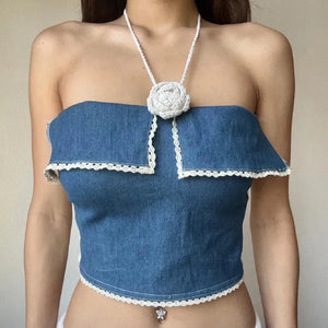 Lace Trim Denim Tube Top