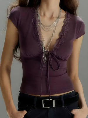 Lace Trim Tie Front Top