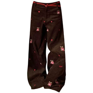 Bear Embroidery Cord Pants