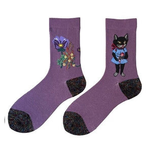 Purple Flower & Cat Aesthetic Socks