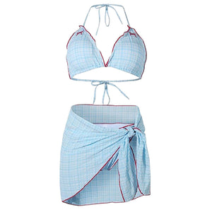 Bow Embroidery Gingham Bikini Set & Beach Skirt