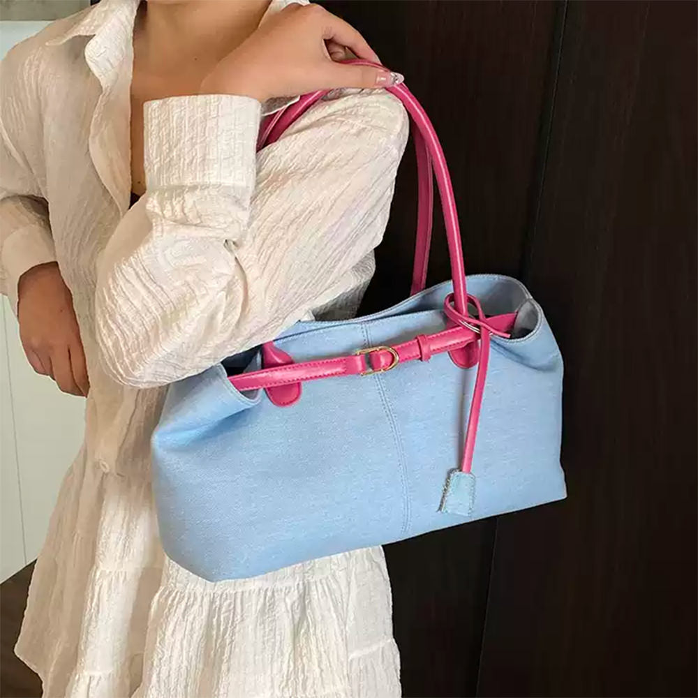 Color Block Denim Belted Bag