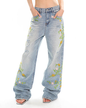 Floral Vine Fairycore Embroidery Jeans