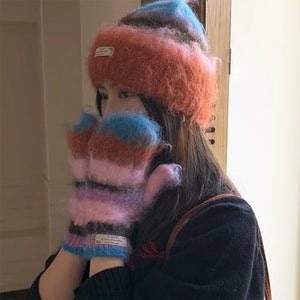 Fuzzy Striped Beanie Hat & Gloves Set