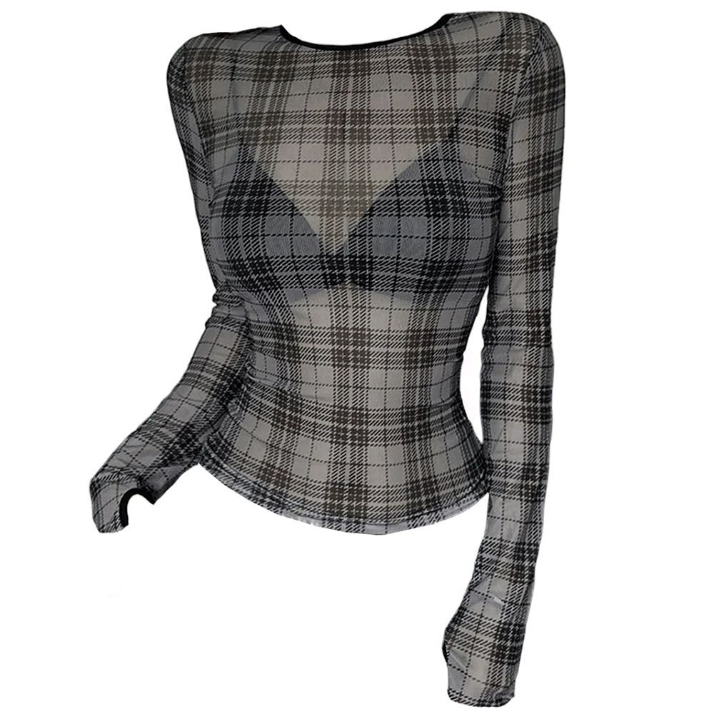 Grunge Plaid Mesh Long Sleeve Top
