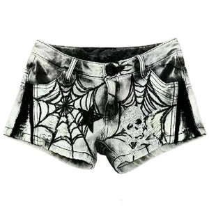 Grunge Spider Web Print Denim Shorts