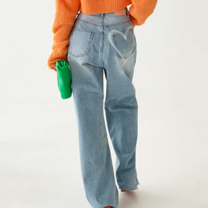 Heart Print Pocket Wide Leg Jeans