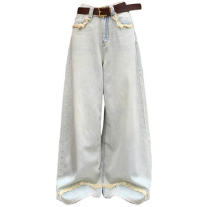 Light Blue Frayed Wide-Leg Jeans
