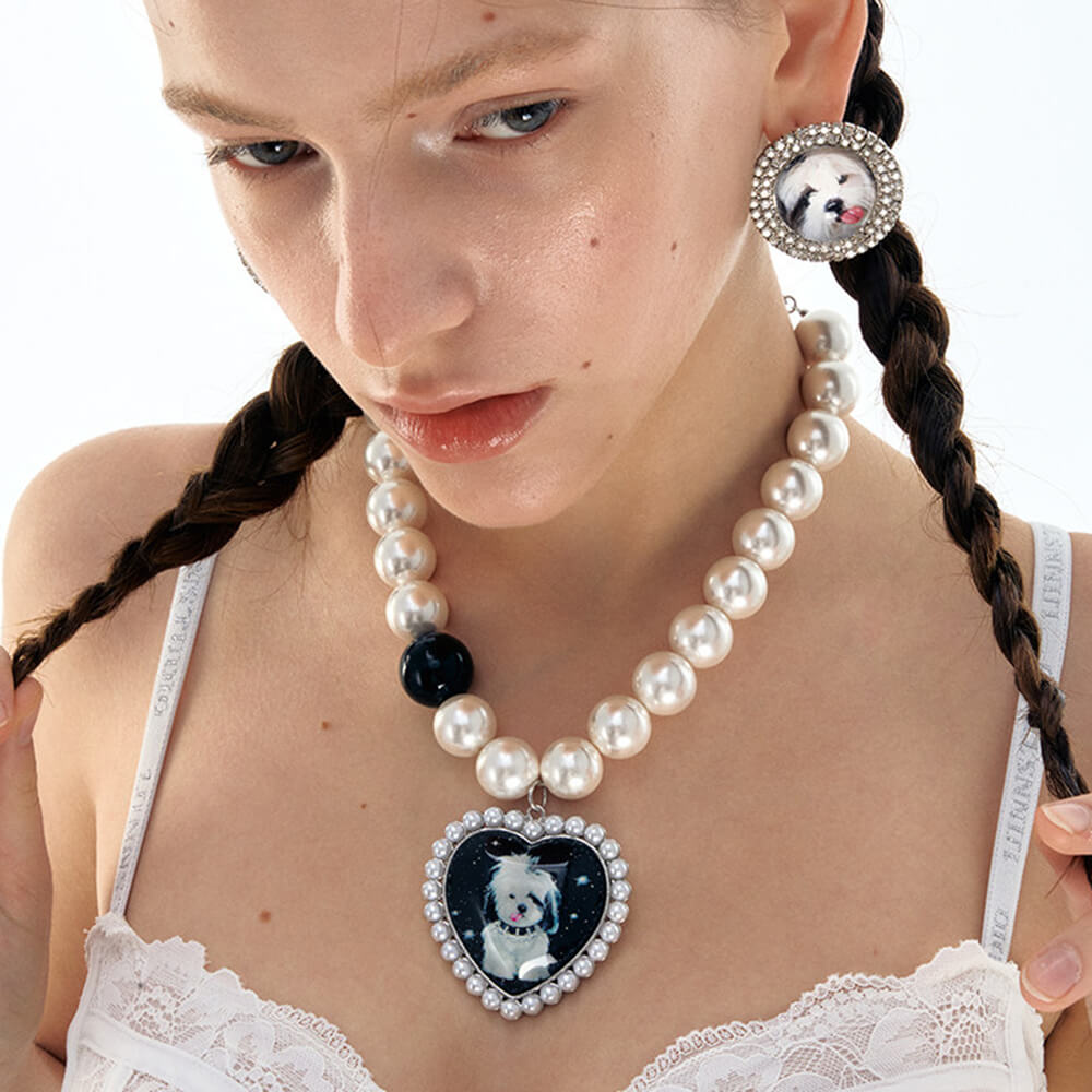 Puppy Heart Charm Pearl Necklace