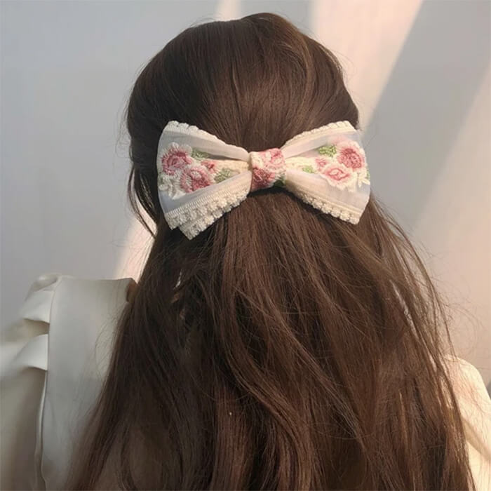 Rose Embroidery Lace Hair Bow
