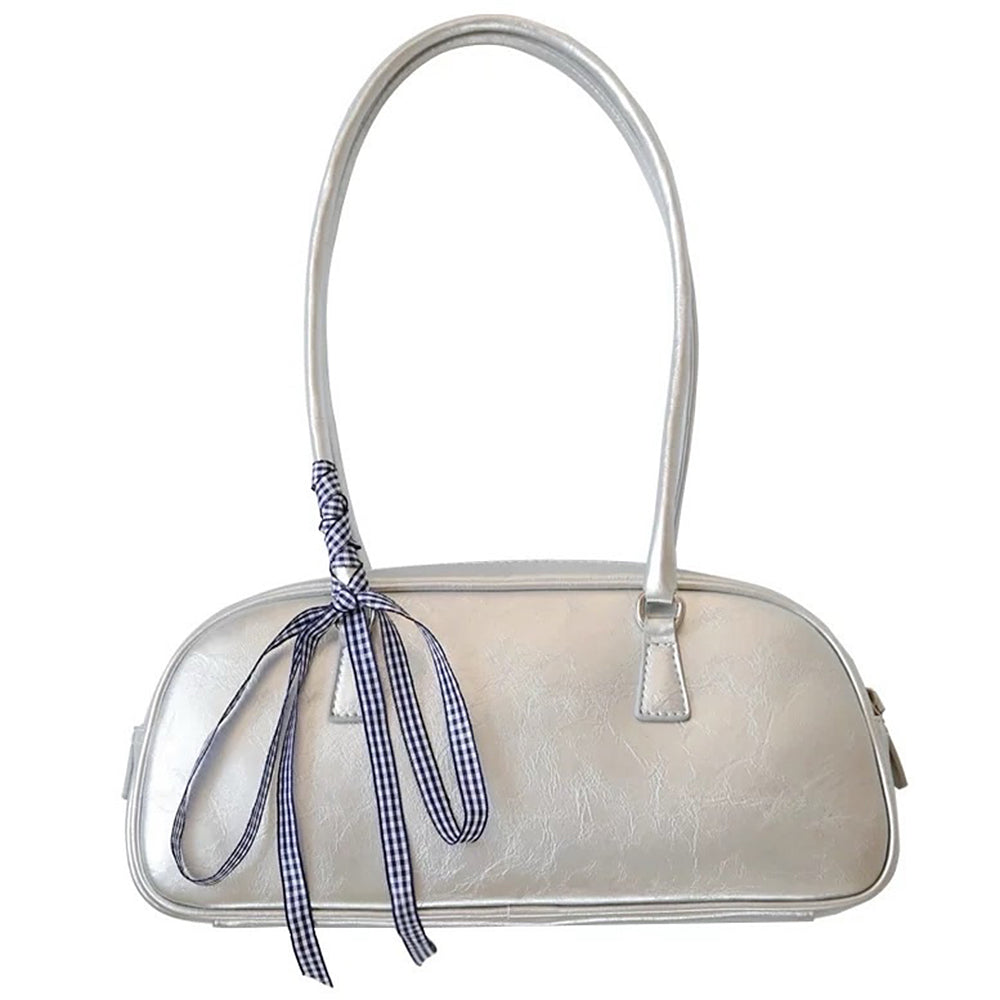 Silver Shoulder Bag with Gingham Bow
