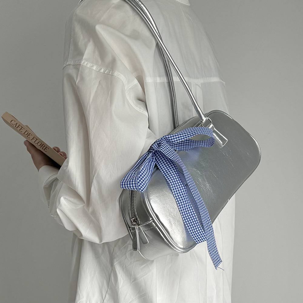 Silver Shoulder Bag with Gingham Bow