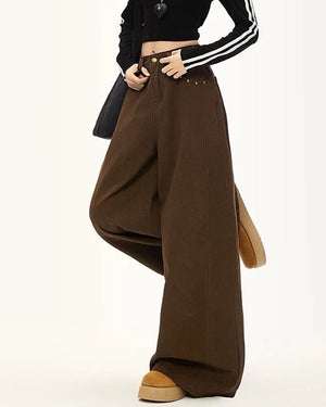 Star Pocket Wide-Leg Brown Pants