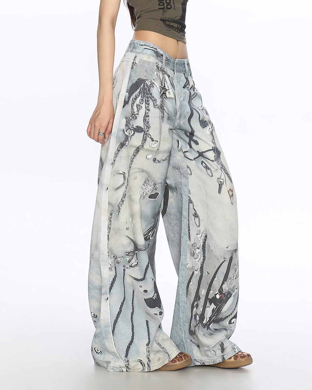 Washed Blue Chain Print Jeans
