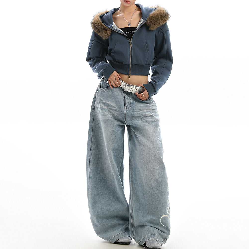 Y2K Aesthetic Cropped Fur Hoodie