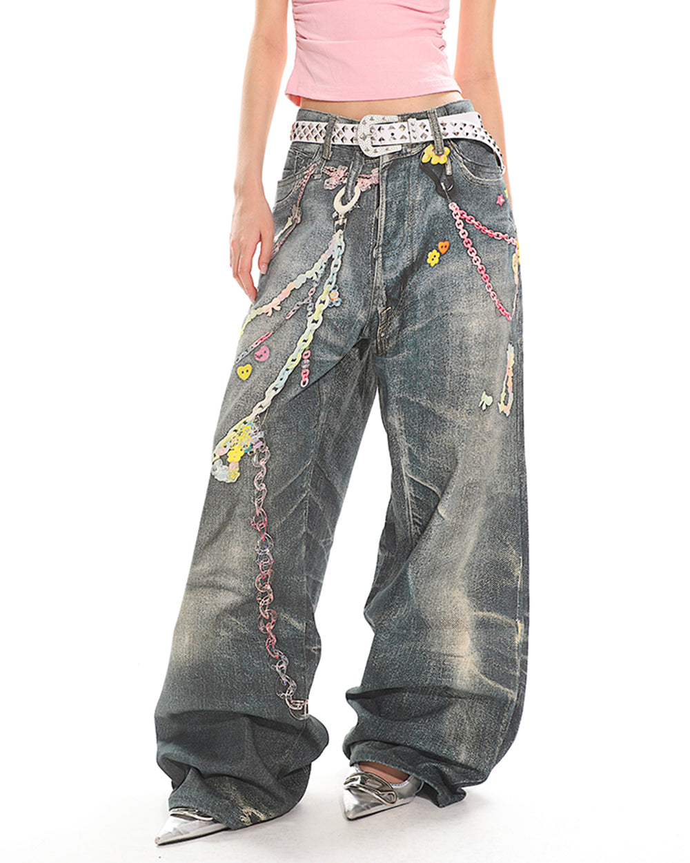 Y2K Printed Chain & Charm Baggy Jeans