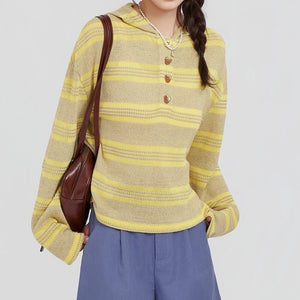 Yellow Striped Heart Buttons Hoodie